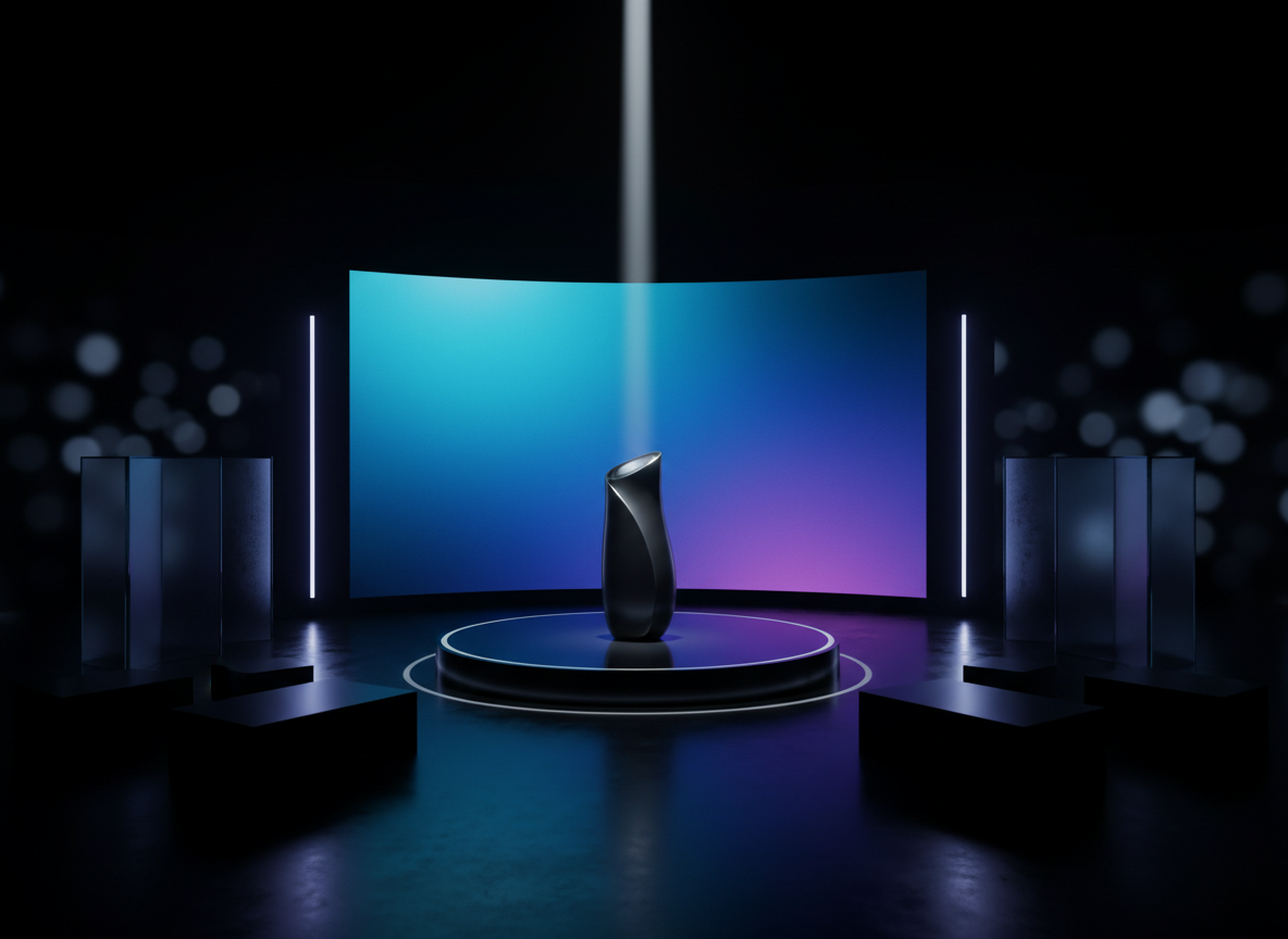 A sleek product launch setup in photographic realism, centered on a glossy, circular platform displaying an anonymous, unbranded product silhouette under a focused white spotlight. Behind it, a tall, curved LED wall shows an abstract gradient of blues and violets, with no text or logos, framed by vertical light bars that pulse softly. Around the platform, angular display plinths and clean, modular partitions hint at a premium exhibition space. The environment is dim overall, with carefully controlled accent lighting creating reflections on the polished black floor and subtle bokeh from distant fixtures. Shot at eye level with a shallow depth of field, the composition highlights the precision of lighting, stage design, and spatial planning, evoking a sophisticated, cutting-edge product reveal.