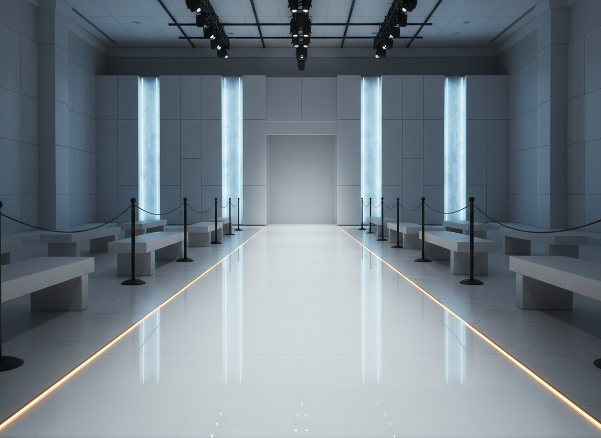 A refined fashion show runway in photographic realism, featuring a long, glossy white catwalk stretching into the distance, bordered by low, minimal benches and simple black stanchions. Along both sides, carefully aligned LED strip lighting runs parallel to the runway, while overhead track lights cast even, flattering illumination that creates delicate reflections on the catwalk surface. The backdrop is a clean, architectural wall with vertical light columns and subtle geometric textures, devoid of branding or text. The overall space feels spacious yet intimate, with a cool, neutral color palette and controlled contrast. Shot from a low, centered perspective at the start of the runway, the composition draws the eye forward, showcasing Deco-style precision in spatial planning, sightlines, and minimalist event aesthetics for high-end fashion or lifestyle shows.