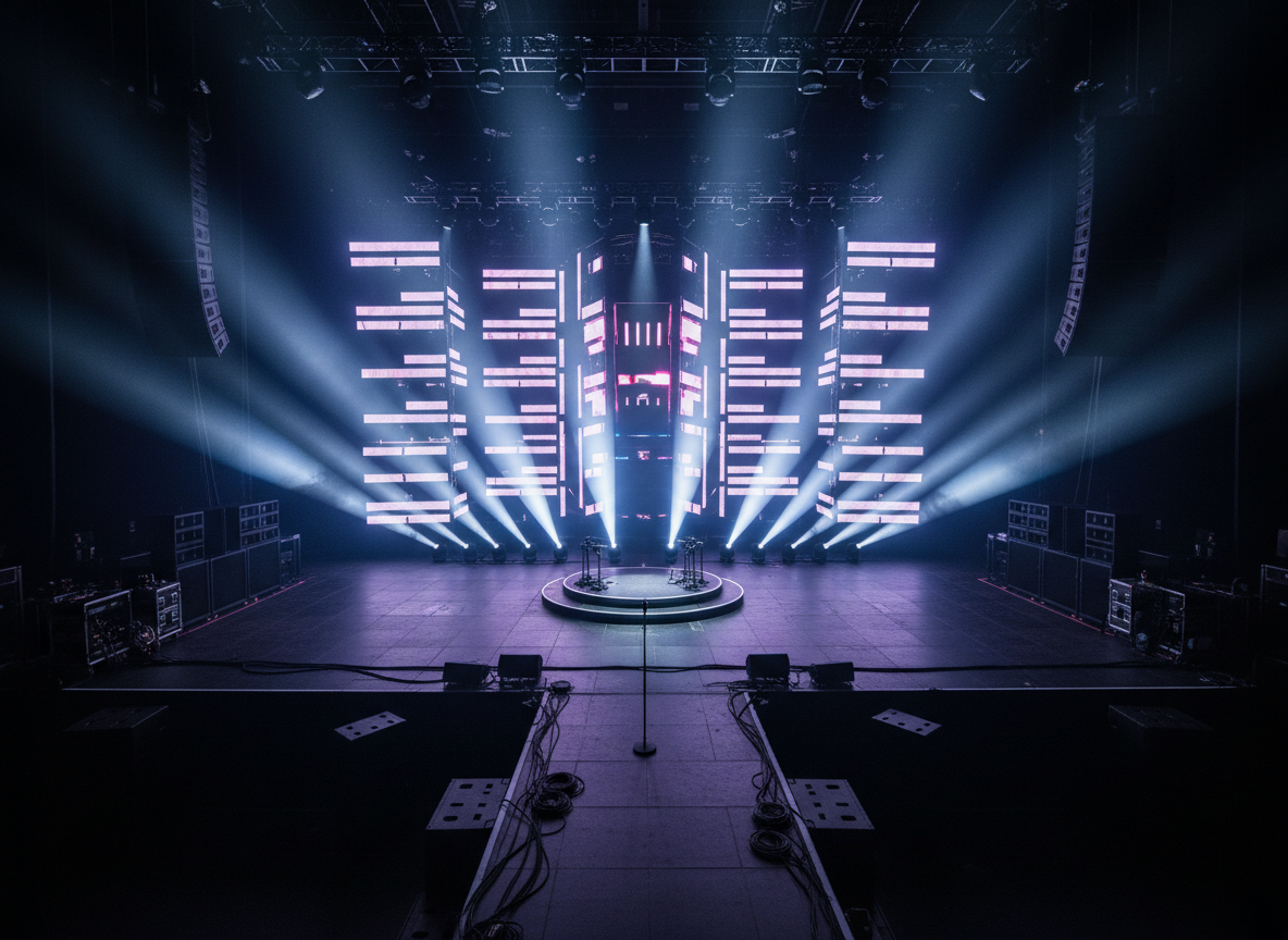 An atmospheric concert-style stage in photographic realism, showcasing an empty performance setup with a wide main deck, two side wings, and a slightly raised center platform. The backdrop consists of layered trusses, LED strips, and abstract light panels forming a dynamic matrix, all glowing in deep blues and magentas. Powerful beam lights from above and behind slice through a gentle haze, creating striking shafts of light and a sense of depth. Subwoofers and anonymous speaker stacks flank the stage, while cable runs and control equipment are neatly organized along the edges. Captured from the middle of the audience area with a slightly elevated, wide-angle view, the image emphasizes the immersive lighting design, robust sound engineering, and anticipation of a large-scale live show without any visible crowd or performers.